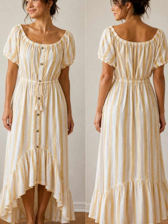 Streetwear Society Dresses & Skirts - Streetwear Society White and Yellow Striped High-Low Button Dress-xl